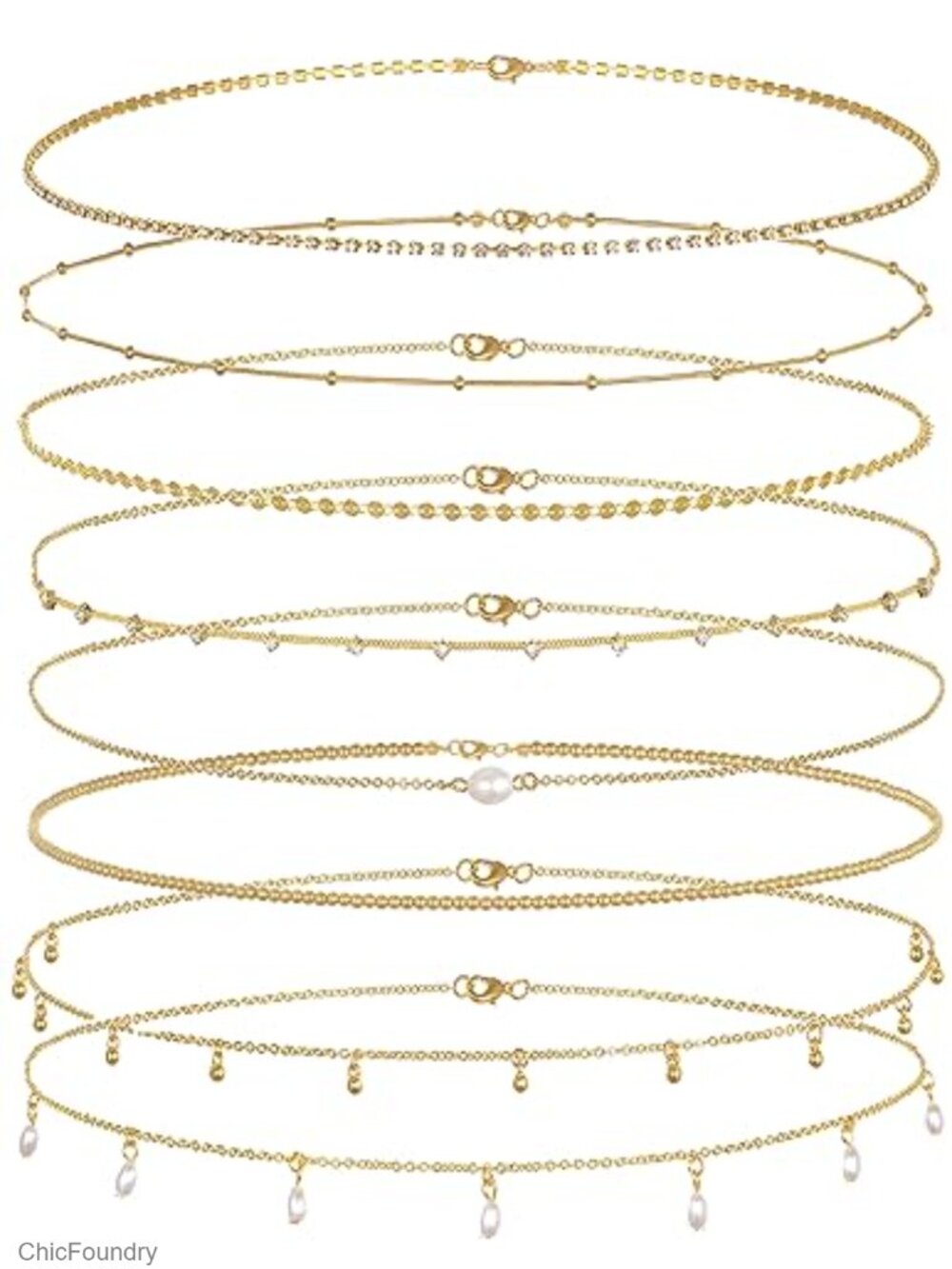 8Pcs Waist Body Chain CZ Heart Pearl Snake Bead Sequin Paperclip Gold Plated
